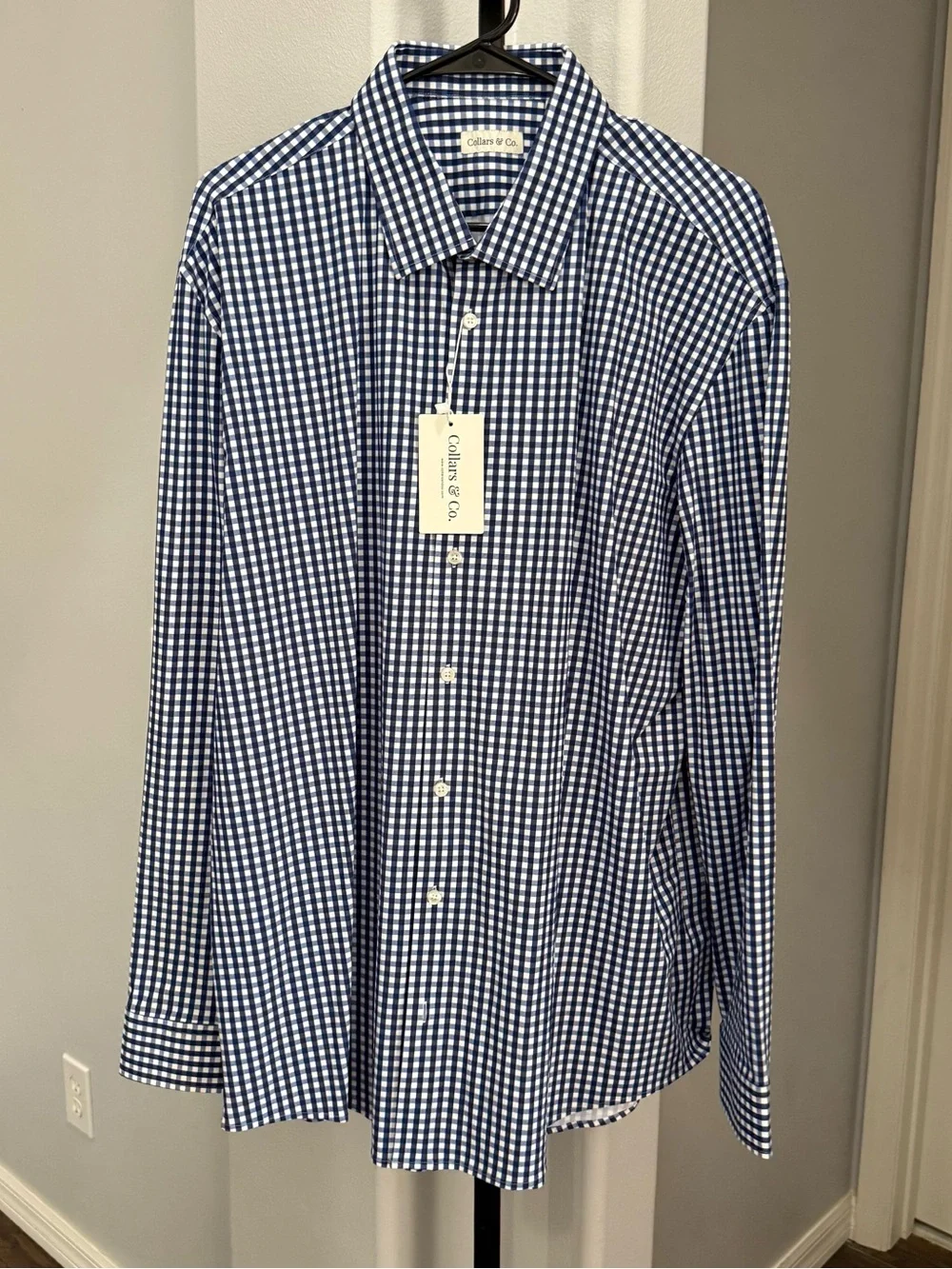 NWT Collars &Co Apex Performance Dress Shirt Navy Gingham Size 2XL Blue White